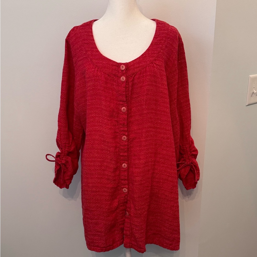 Flax Burnt Orange Linen Button Down Tunic Blouse With Tie Cuff Detailing